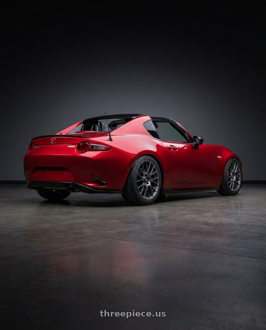 2025 Mazda MX5 RF with Enkei RCT5 5x114.3 18x9.5+38 Dark Silver wheels rear three quarter view meaty tires