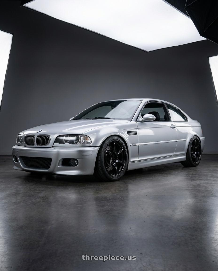 2008 Bmw m3 with Advan RGIII 5x112 19x8.5+45 Gloss Black wheels front three quarter view lowered stance