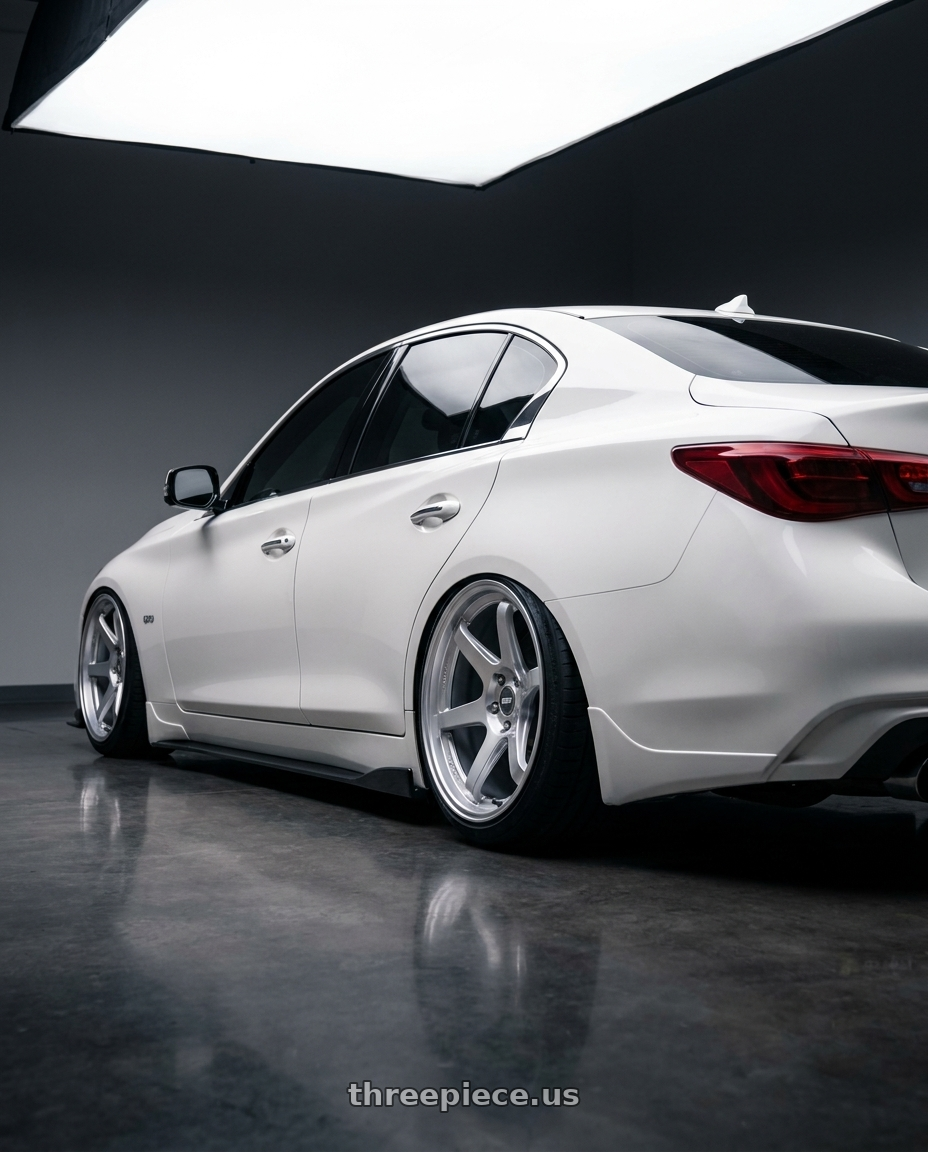 2020 Infiniti Q50 with ESR Wheels APEX SERIES AP6 5x114.3 19x9.5 +35 Hyper Silver wheels rear three quarter view slight stretch tires
