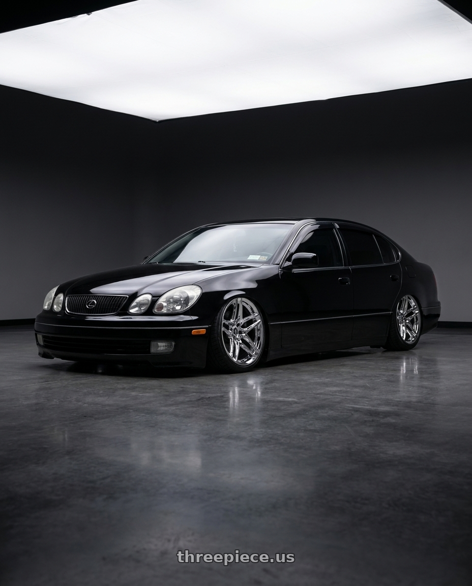 2004 Lexus GS300 with Heritage Wheel EBISU MonoC 5x114.3 18x8.5+35 Chrome wheels front three quarter view stanced stance
