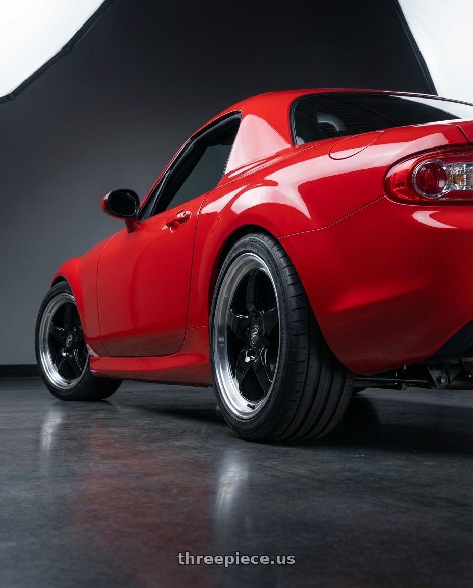 2012 Mazda MX-5 Miata NC with Forgestar D5 Drag 5x114.3 17x7 +6 Gloss Black Machined wheels rear three quarter view square tires