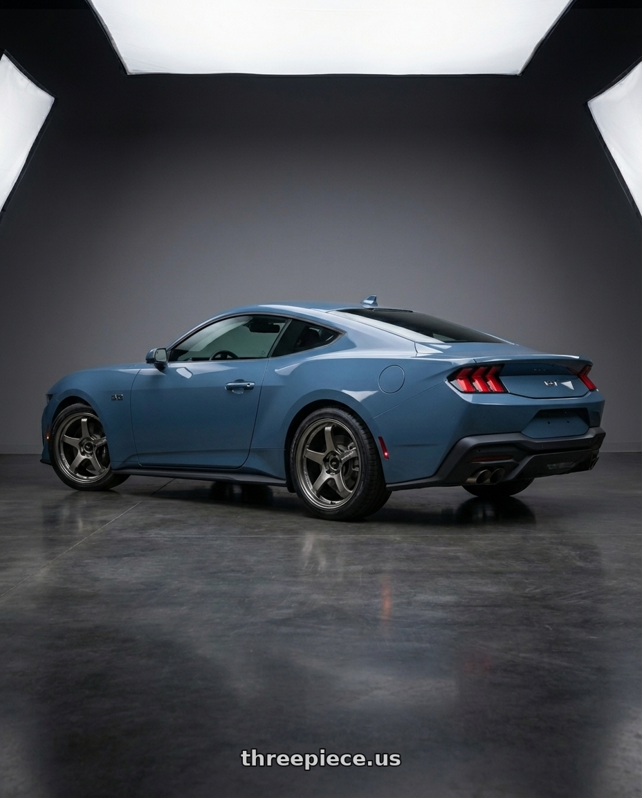 2024 Ford Mustang with Advan Racing GT BEYOND 5x114.3 19x9.5 +29 RACING SAND METALLIC wheels rear three quarter view square tires