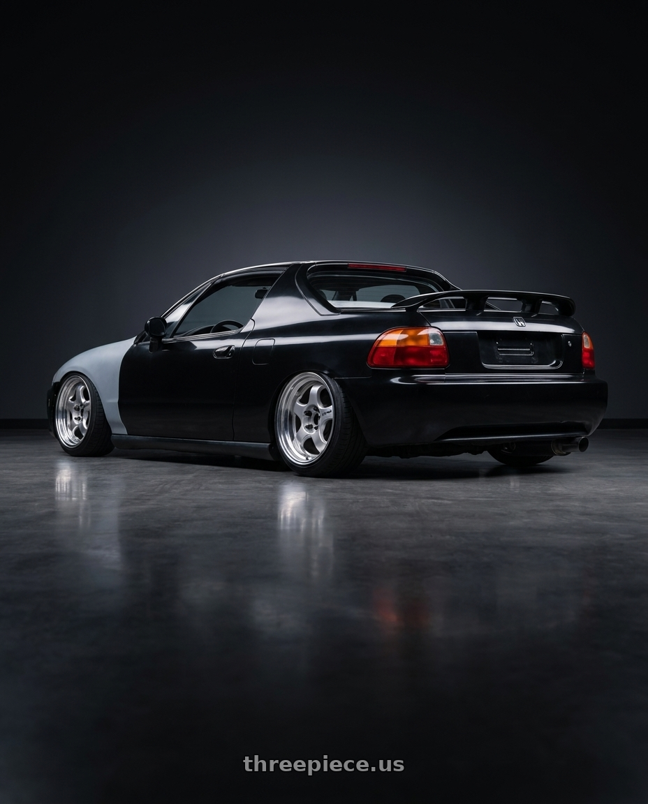 1993 honda del sol with Work Meister S1 2P 4x100 15x8+38 O Disk Silver wheels rear three quarter view slight stretch tires