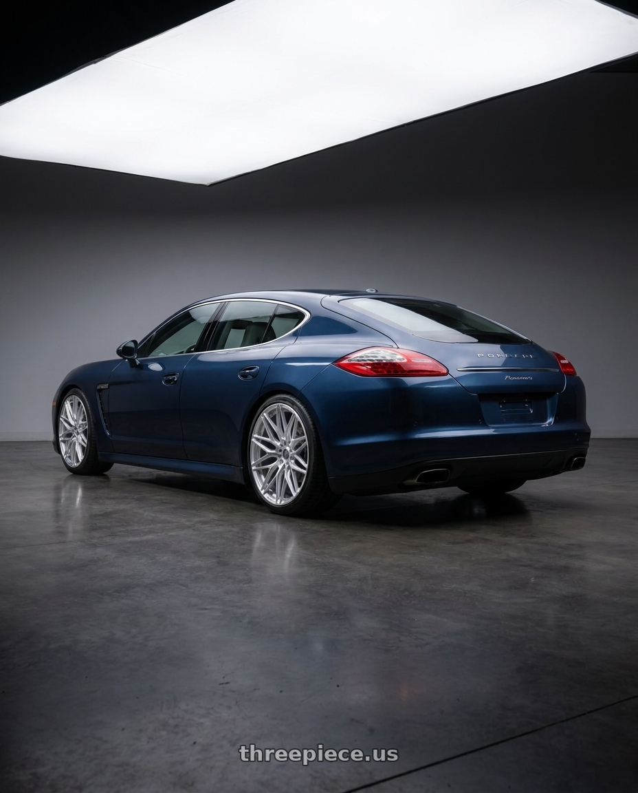 2012 Porsche Panamera with MV Forged MVF2 5x130 21x9 +45 Diamond Silver wheels rear three quarter view square tires