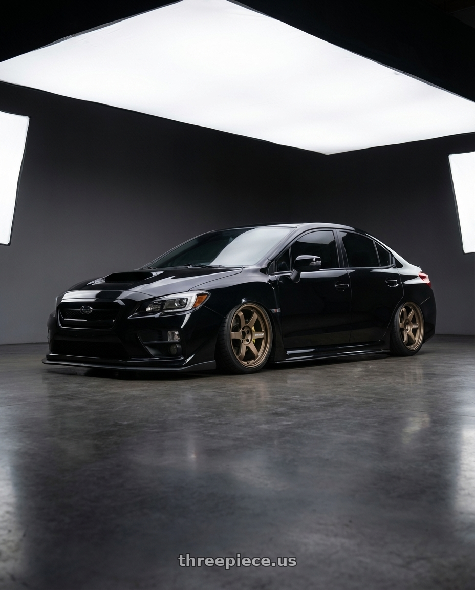 Subaru Wrx 2018 with Volk Racing TE37 Ultra M Spec 5x112 19x9.5+23 19x10.5+35 Bronze Almite Toyota Supra MK5 Spec wheels front three quarter view stanced stance