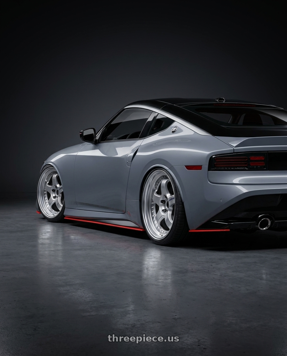2026 Nissan Z Nismo with Work Meister S1 3P 5x114.3 19x10+10 O Disk Silver wheels rear three quarter view slight stretch tires