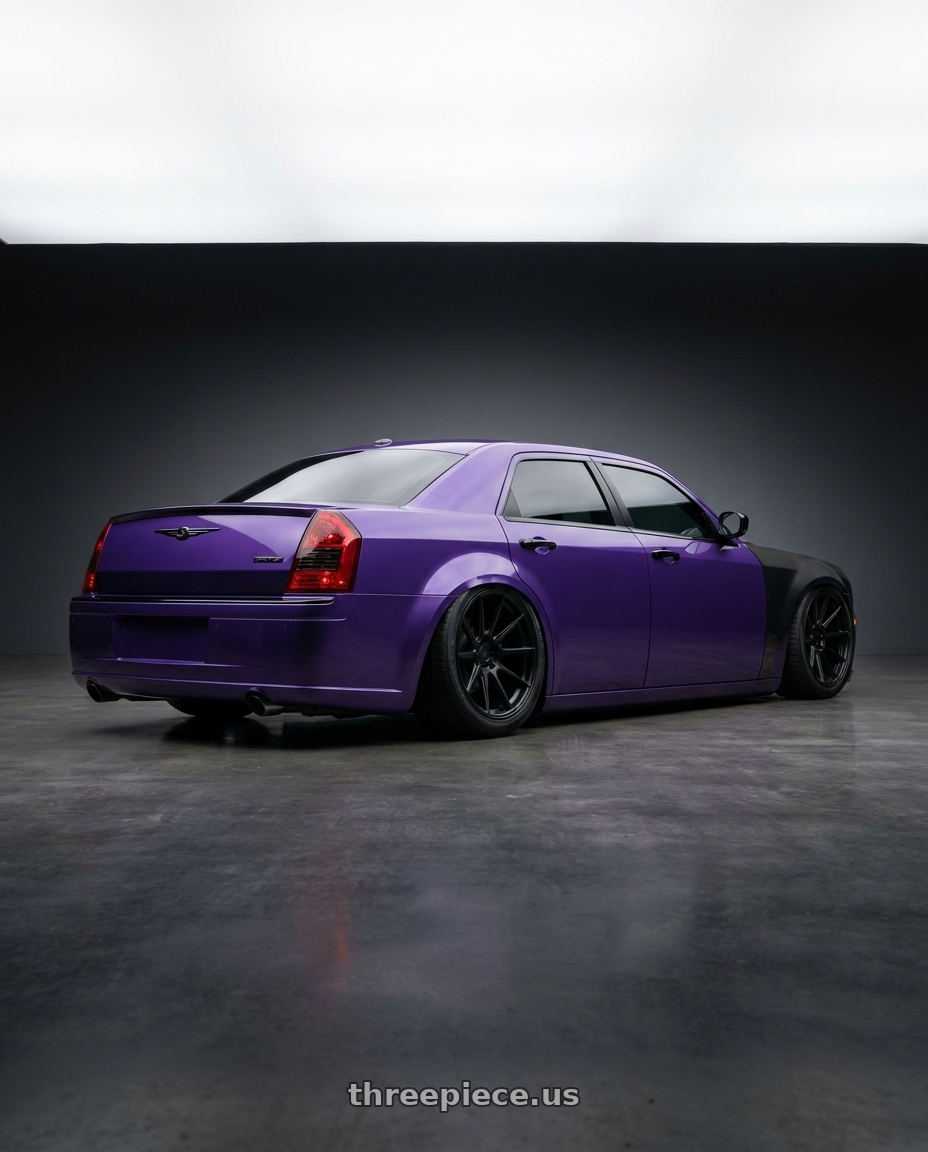 2007 Chrysler 300 srt8 plumcrazy purple blacked out trim blackopps madeye carbon hood with Voxx Replica 50ANN 5x115 20x10.5+25 Matte Black wheels rear three quarter view meaty tires