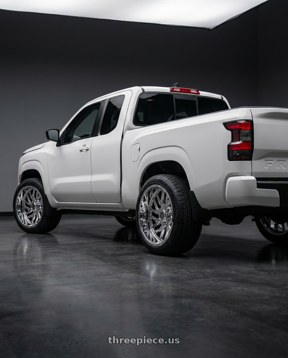 2025 nissan frontier king cab with TIS 544C 6X135/6x139.7 20x9 +01 Chrome Plated wheels rear three quarter view slight stretch tires