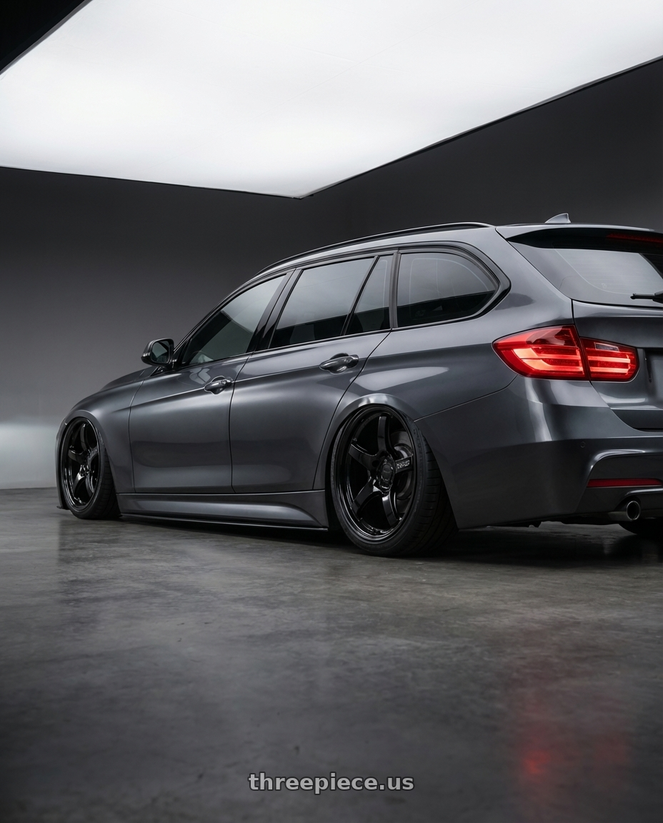 2016 BMW 3 Series F30 with Gram Lights 57CR 5x120 19x8.5+35 Glossy Black wheels rear three quarter view slight stretch tires