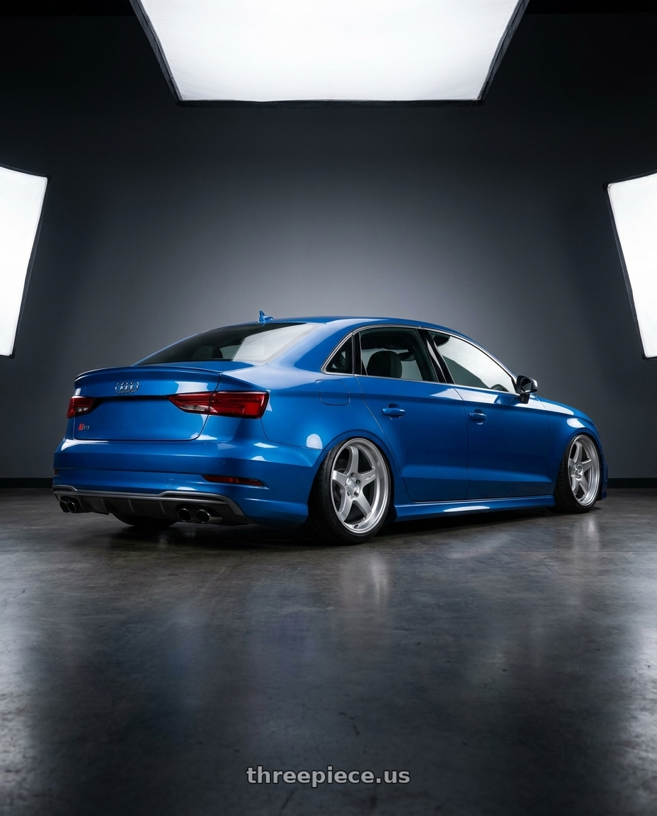 2019 Audi S3 8V with Kansei K11S Tandem 5X112 19x9.5 22 Hyper Silver wheels rear three quarter view slight stretch tires