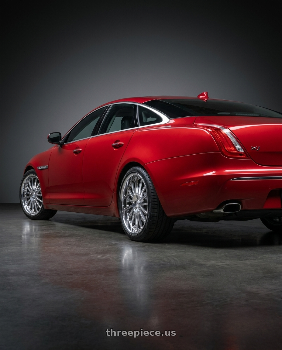 2014 Jaguar xj red with Coventry WHITLEY 5X108 17X8 +42 CHROME wheels rear three quarter view square tires