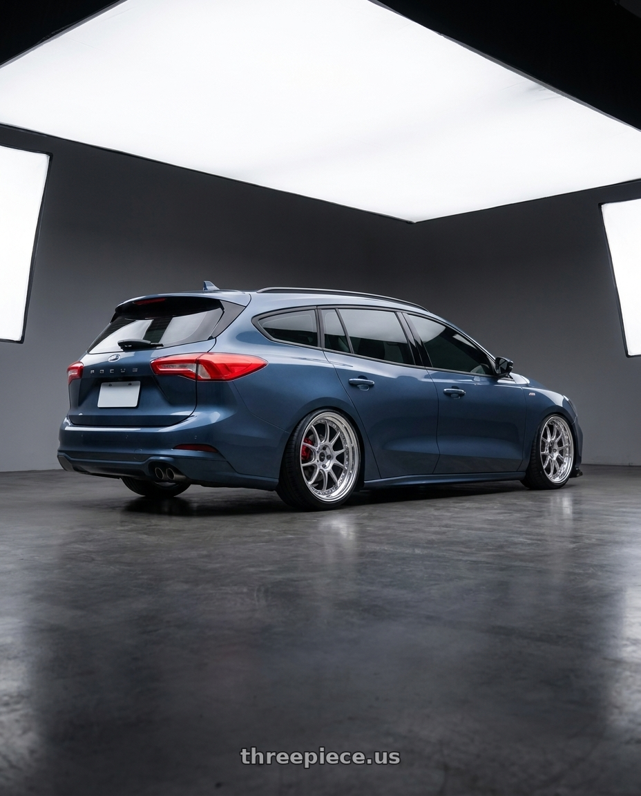 2023 ford focus wagon 星燄藍 with SSR Professor SP5 5X100 18X9+31 HP Disk High Bright Silver wheels rear three quarter view slight stretch tires