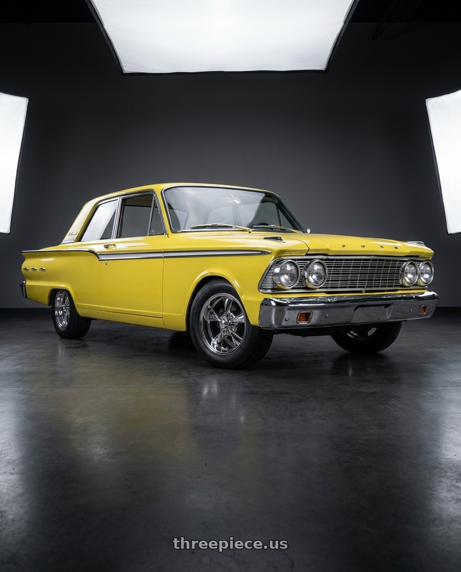 1962 ford fairlane 500 yellow with BG Rod Works Old School 5x114.3 15x5-6 Chrome wheels