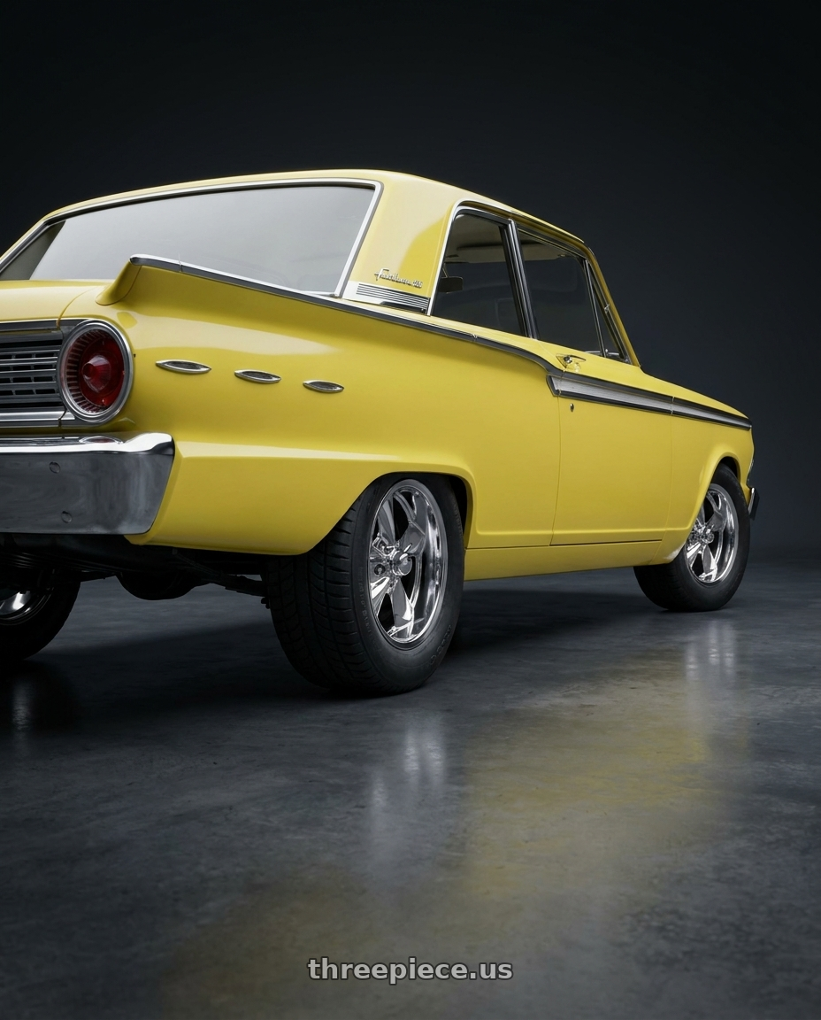 1962 ford fairlane 500 yellow with BG Rod Works Old School 5x114.3 15x5-6 Chrome wheels rear three quarter view meaty tires