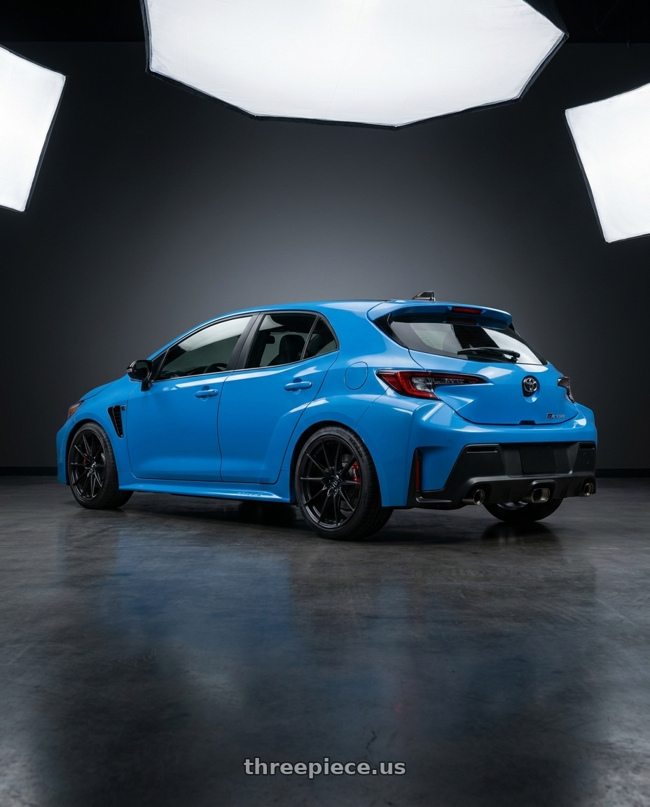 2024 Toyota GR Corolla with Ssr Gtv02 5x114.3 18x8.5+40  FLAT BLACK wheels rear three quarter view square tires