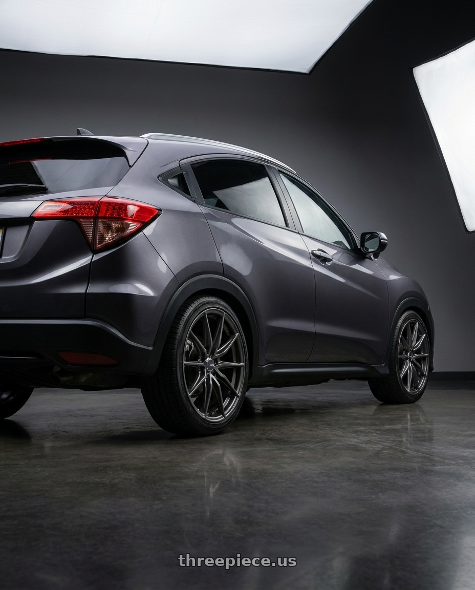 2017 Honda Hrv with Enkei DRACO 5x120 18x8.0+35 Anthracite wheels rear three quarter view square tires