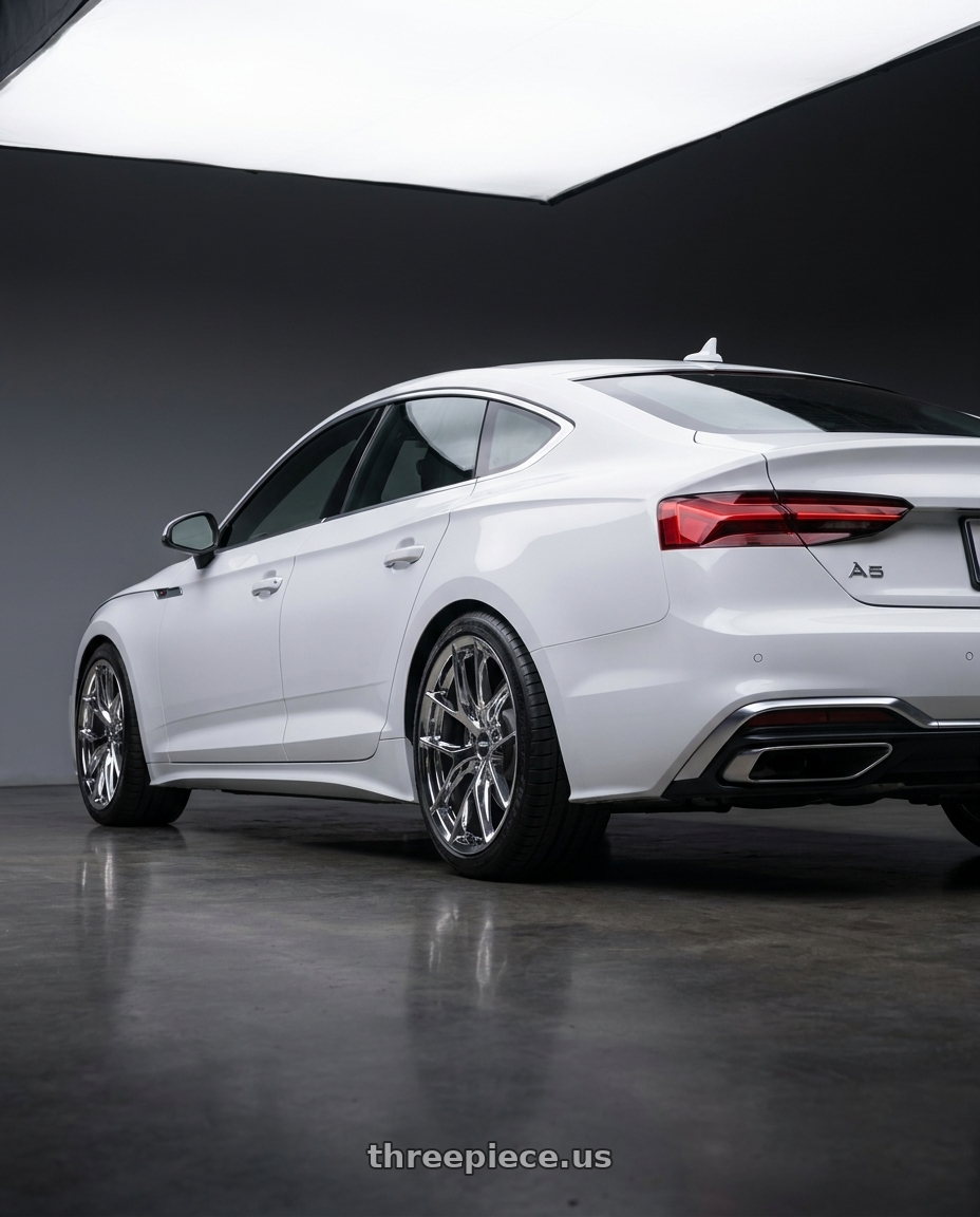 2023 Audi a5 s line with ESR Wheels RF2 5x112 19x9.5 +35 Vacuum Chrome wheels rear three quarter view square tires
