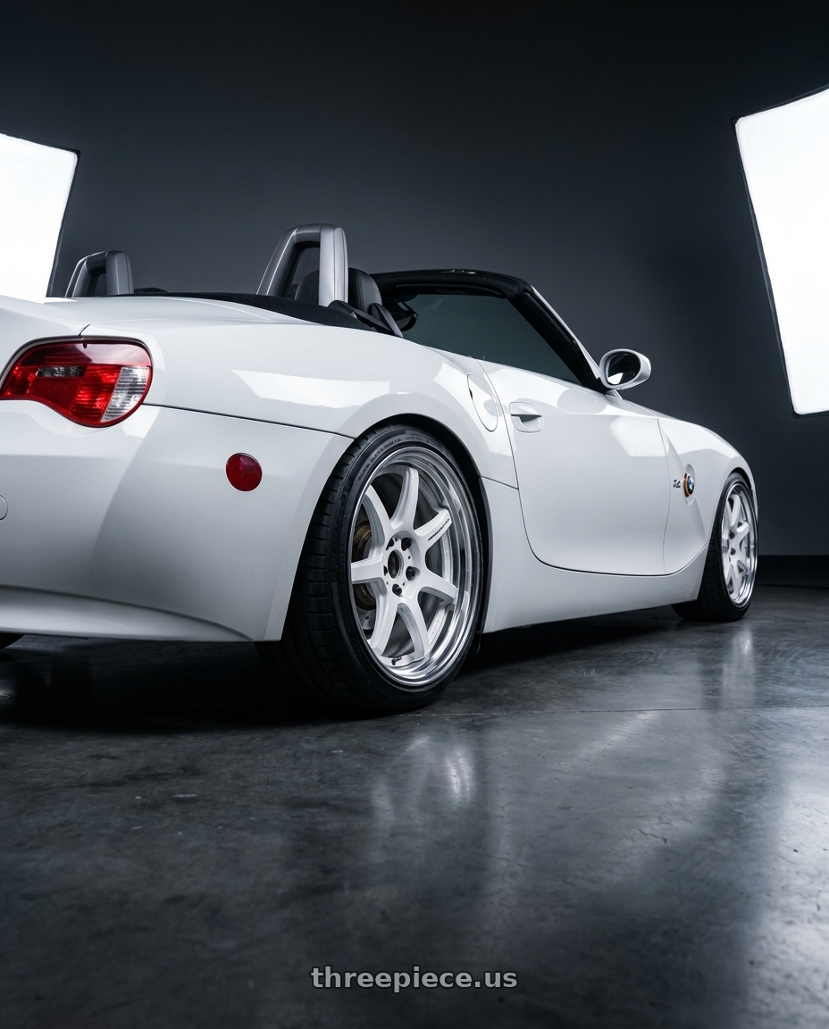2003 bmw z4 2 5 with Work T7r 2P 5x120 18x8.5 +45 WHITE wheels rear three quarter view square tires