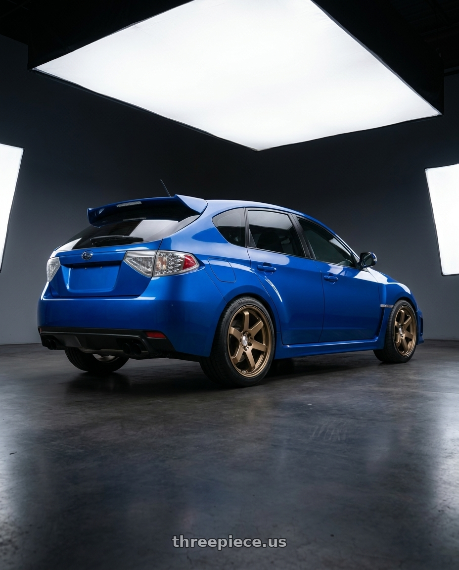 2011 Subaru wrx with Axe ZX6 5x100 18X8.5+40 BRONZE wheels rear three quarter view square tires