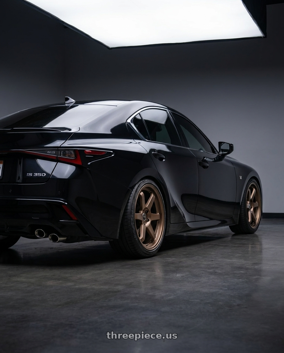 2025 Lexus is 350 f sport, caviar  with Vors TR37 5x114.3 19x8.5 +35 Bronze wheels rear three quarter view slight stretch tires