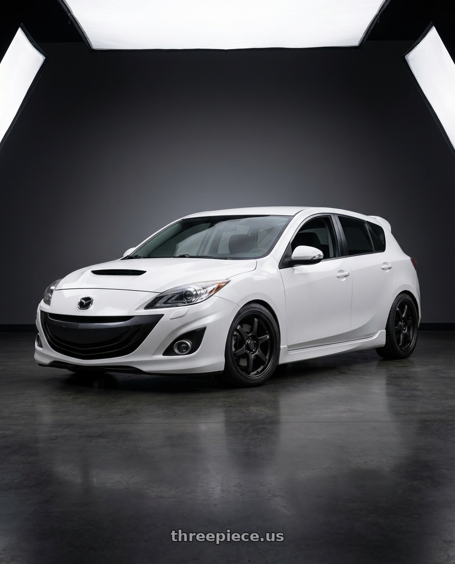 2012 Mazda Mazdaspeed3 with Konig Backbone 5x114.3 18x8+35 Matte Black Milling Logo on Spoke wheels