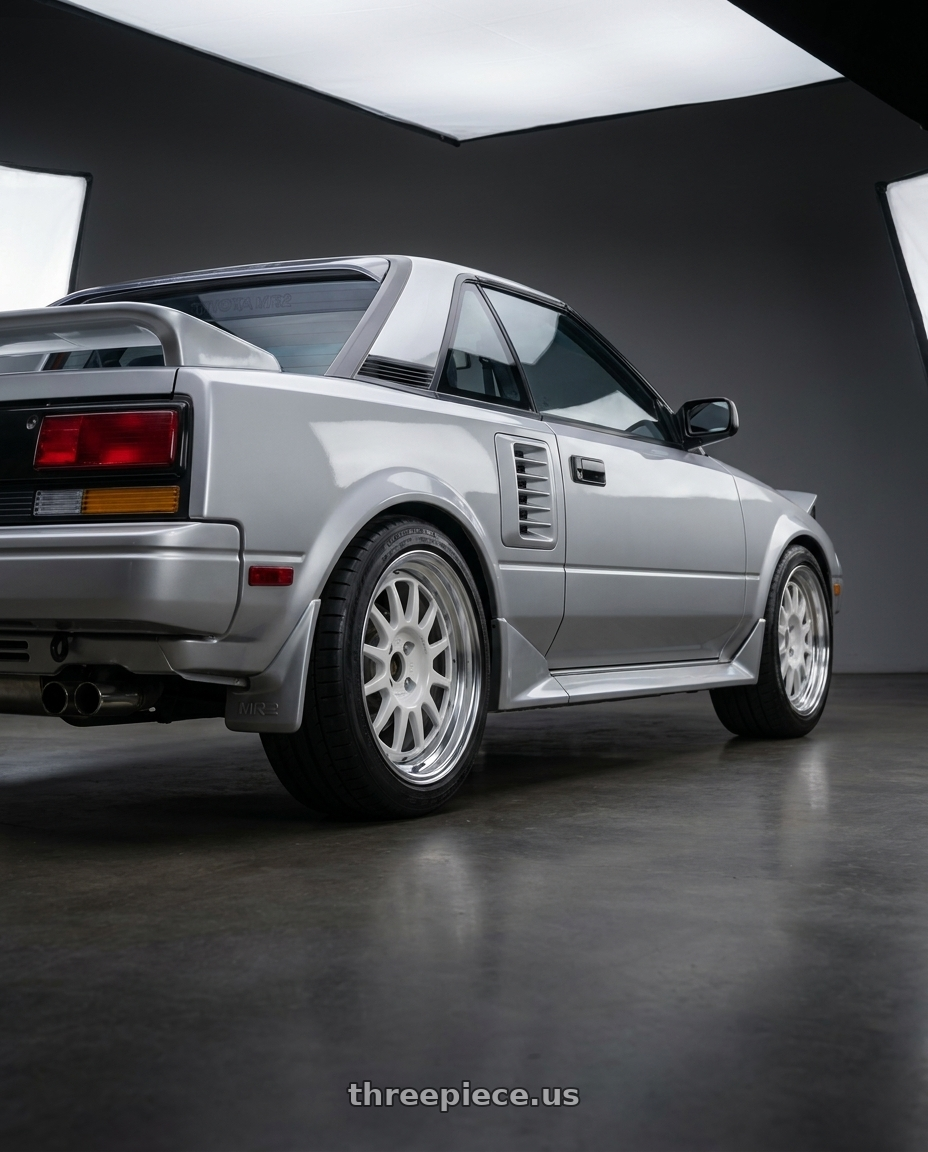 1986 toyota mr2 with WedsSport Racing 2-Piece 4x100 15x7.0+23 White wheels rear three quarter view square tires