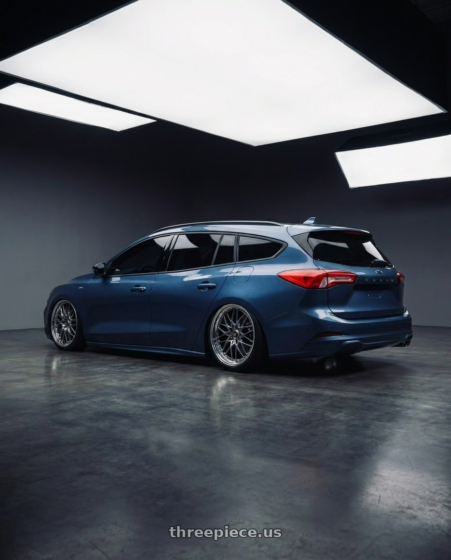 2023 focus wagon mk4.5 星燄藍 with Work Vs-Xv 5x100 18x7.5+34 A Disk Brilliant Silver Black wheels rear three quarter view extreme stretch tires