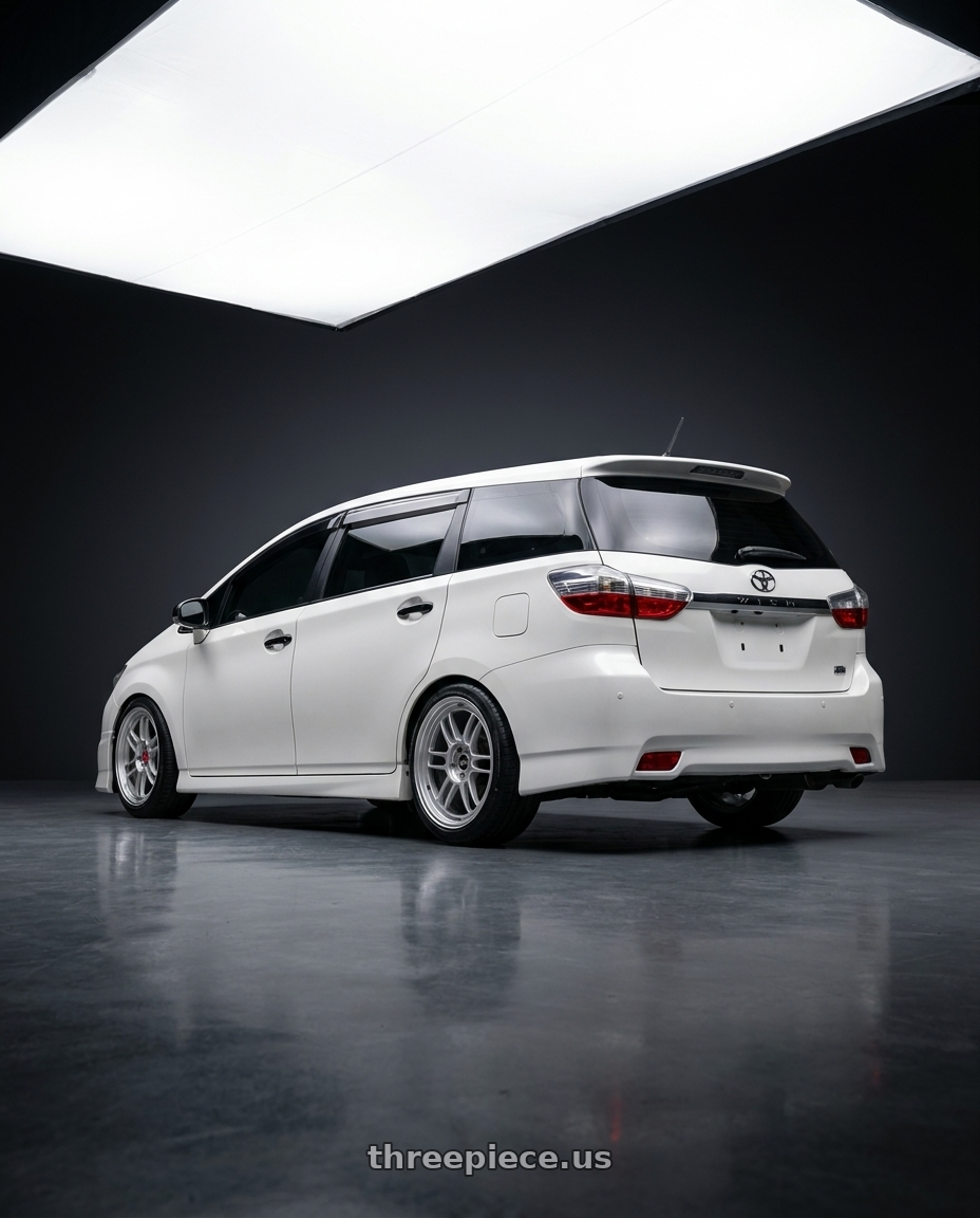 2014 toyota wish white with Enkei RPF1 5x114.3 18x7.5+48 Silver wheels rear three quarter view slight stretch tires