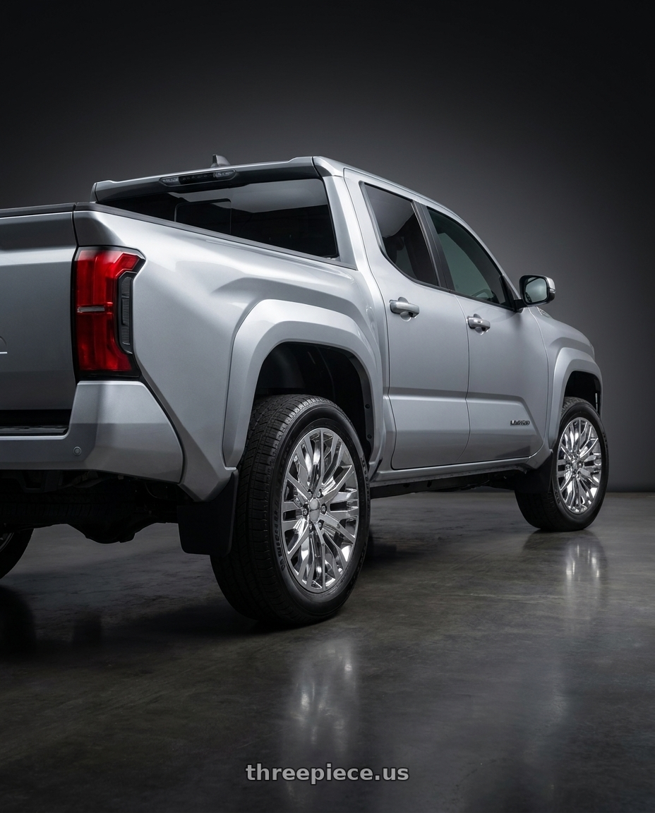 2024 Toyota Tacoma with Performance Replicas PR198 6X139.7 20X9 +24 CHROME wheels rear three quarter view square tires