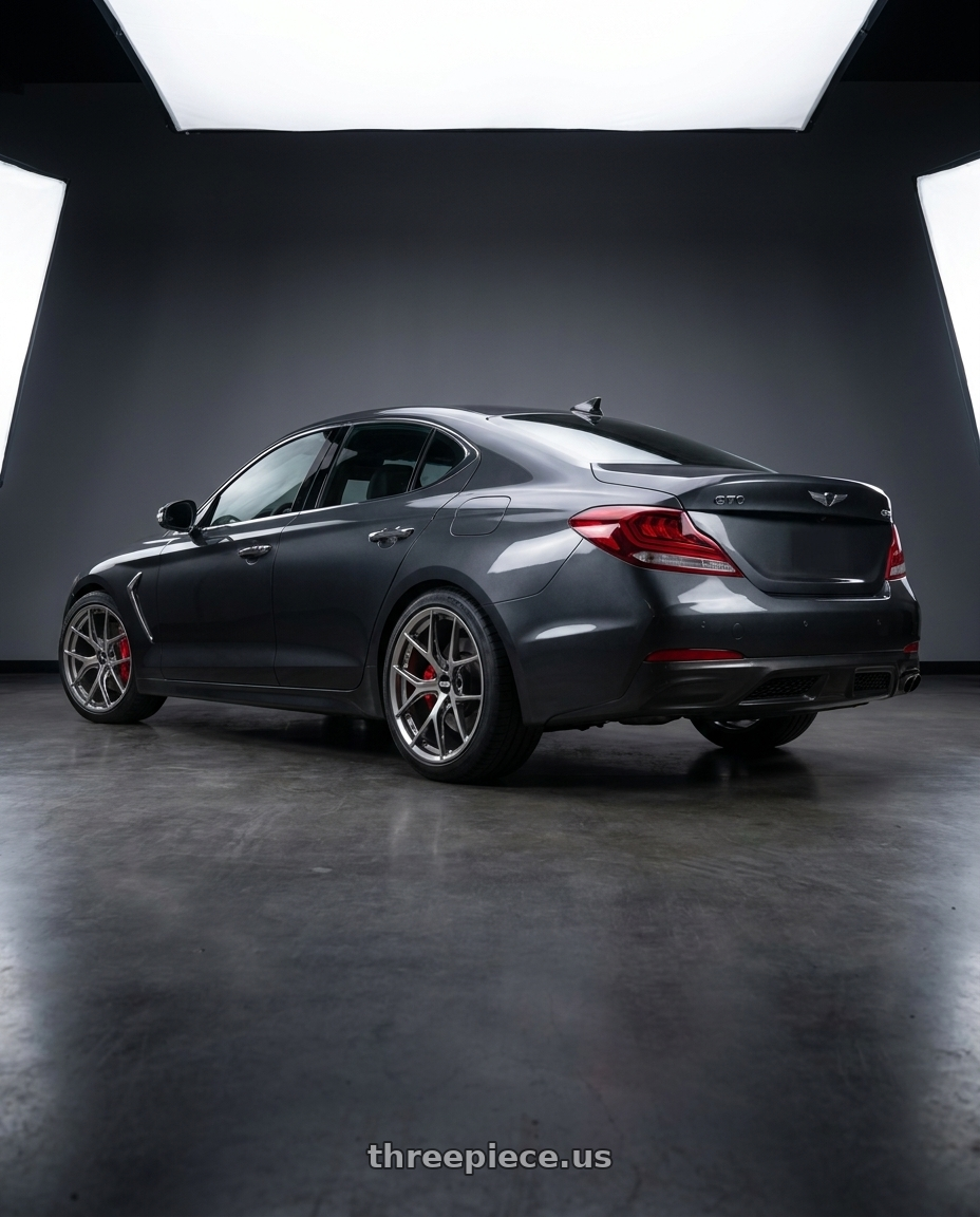 2019 genesis g70 with BBS FI-R Evo 5x112 19x9.5+15 Platinum Silver wheels rear three quarter view slight stretch tires