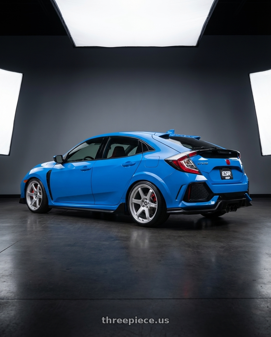 2020 Honda Civic Type R with ESR Wheels APEX SERIES AP6 5x120 19x9.5 +35 Hyper Silver wheels rear three quarter view square tires