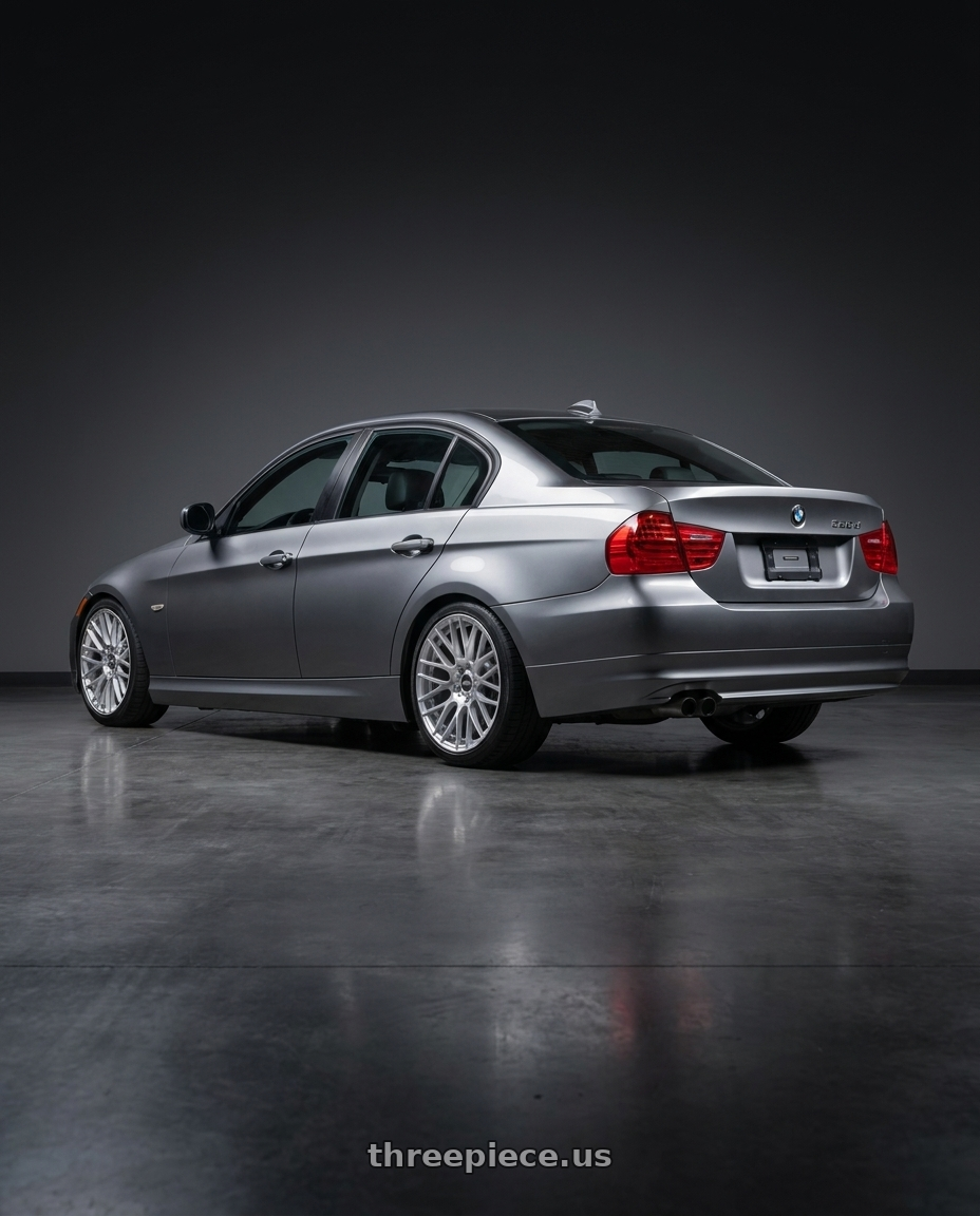 2011 bmw 328xi with ESR Wheels RF11 5x120 18x9.5 +22 Brushed Hyper Silver wheels rear three quarter view square tires