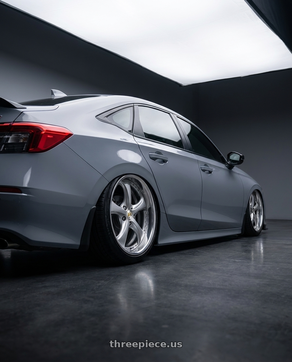 2023 Honda Civic Si with Work Wheels VS-KF 5x114.3 18x8+40 Light Grey Silver A Disk FULL REVERSE wheels rear three quarter view slight stretch tires