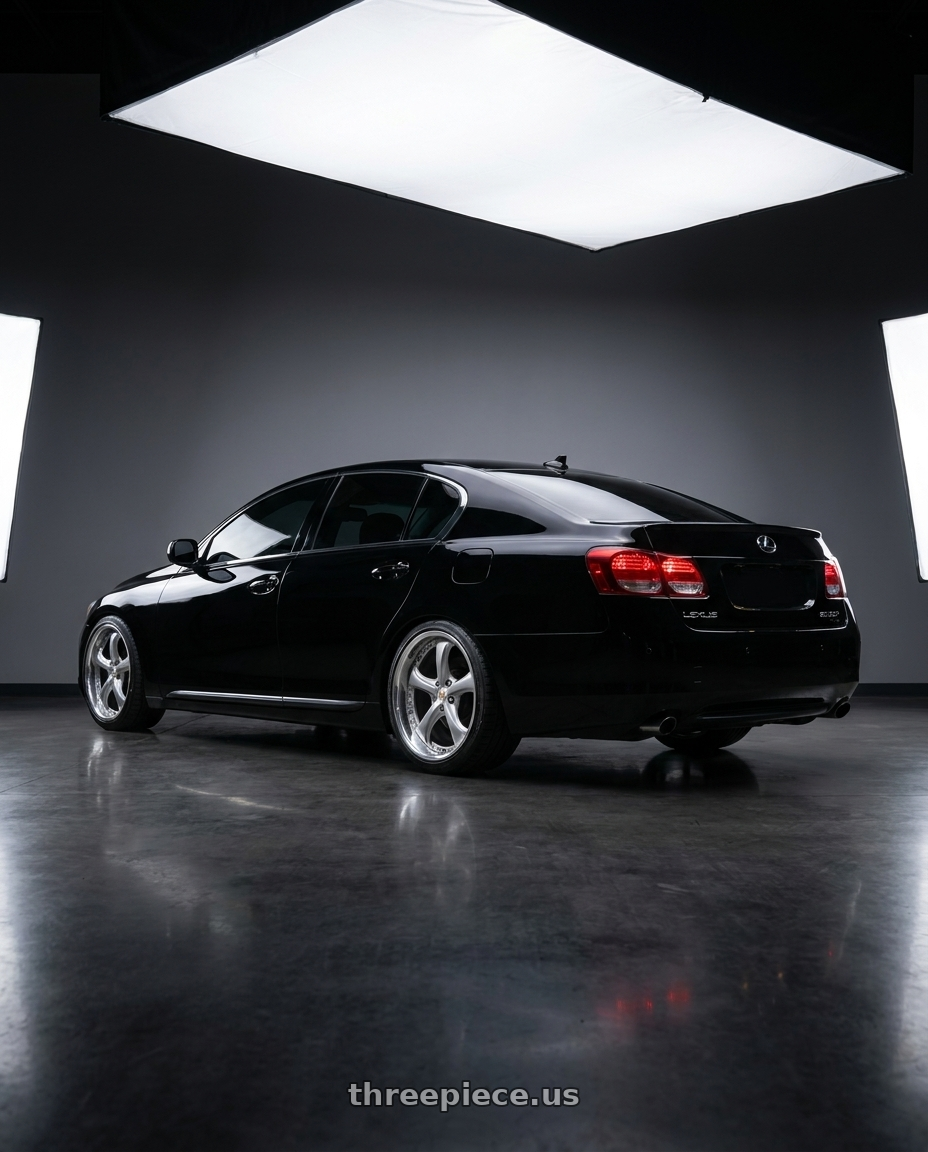 2007 Lexus gs350 black  with Work Wheels VS-KF 5X114.3 19x10+33 Light Grey Silver R Disk FULL REVERSE wheels rear three quarter view square tires