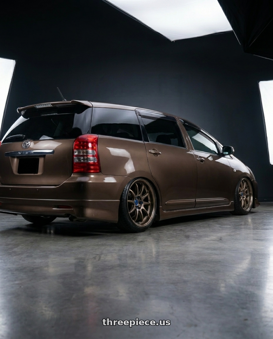 2008 toyota wish, brown  with Work Emotion D9r 5x100 19x9.5 +38 Matte Bronze wheels rear three quarter view slight stretch tires