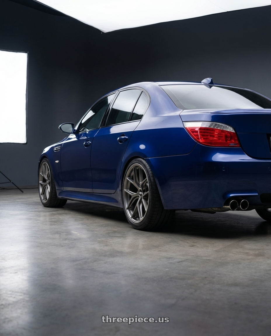 2010 BMW M5 E60 with BBS CC-R 5x120 19x9.0+26 Satin Platinum wheels rear three quarter view square tires