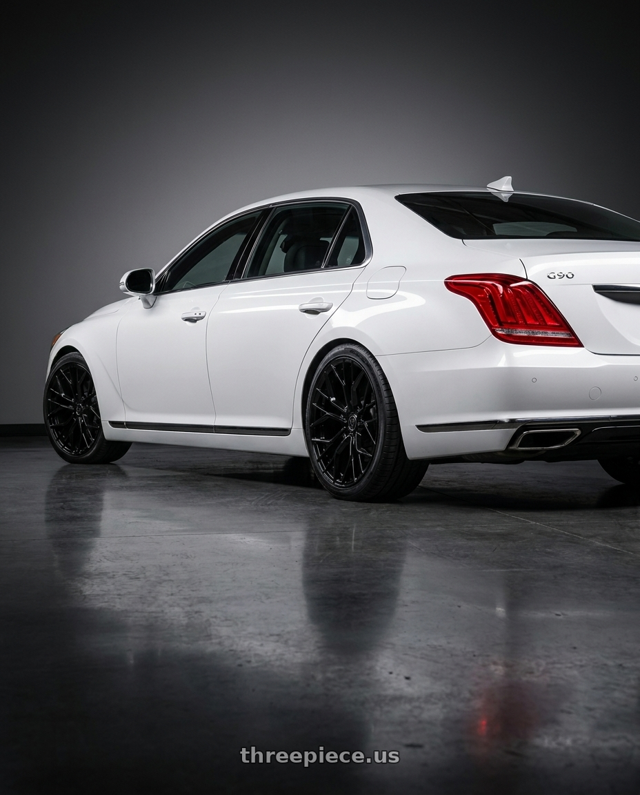 2018 genesis g90 ultimate with MARQUEE WHEELS M1004 5x114.3 20x9+33 GLOSS BLACK wheels rear three quarter view square tires