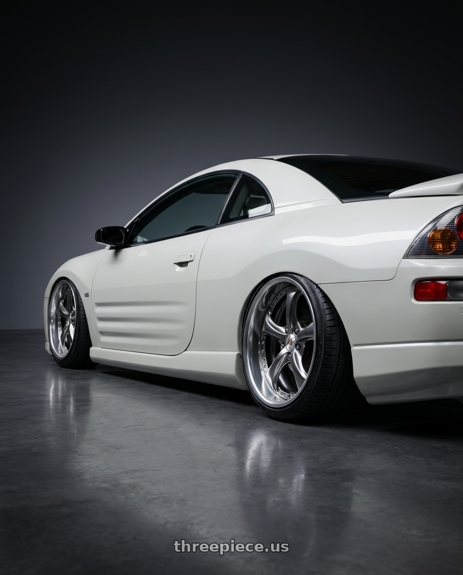 2003 mitsubishi eclipse gts white with Work Wheels VS-KF 5x114.3 18x9.5+27 Brilliant Silver Black O Disk FULL REVERSE wheels rear three quarter view slight stretch tires
