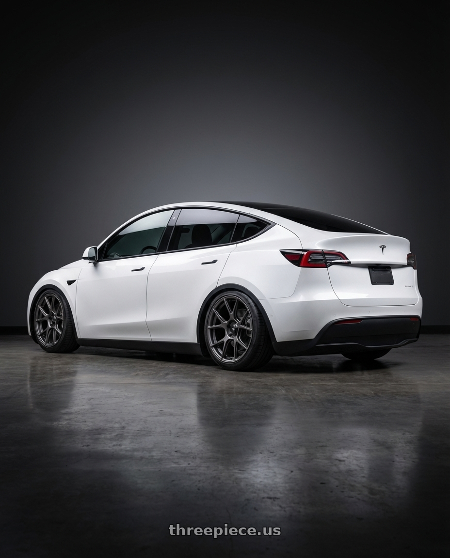 2024 Tesla Model Y with Konig Ampliform 5x114.3 20x9.5+25 Dark Metallic Graphite wheels rear three quarter view slight stretch tires