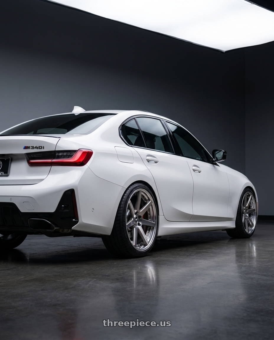 2025 BMW M340i xdrive with Work Zeast St1 5x112 20x8.5+30 R Disk Transparent Grey Polish wheels rear three quarter view square tires