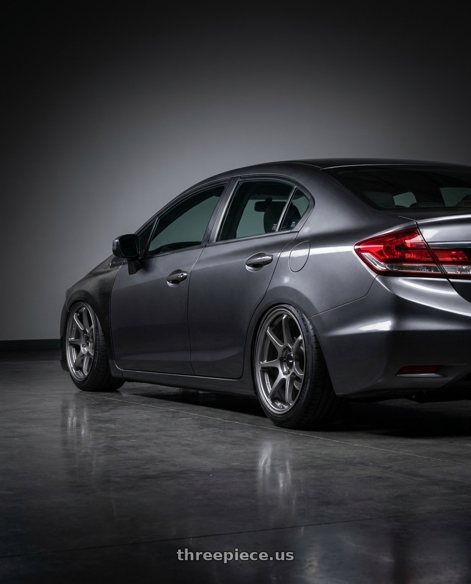 2015 Honda Civic LX, carbon fiber hood and fenders with Enkei TS-7 5x114.3 18x8.5+45 Storm Gray wheels rear three quarter view square tires