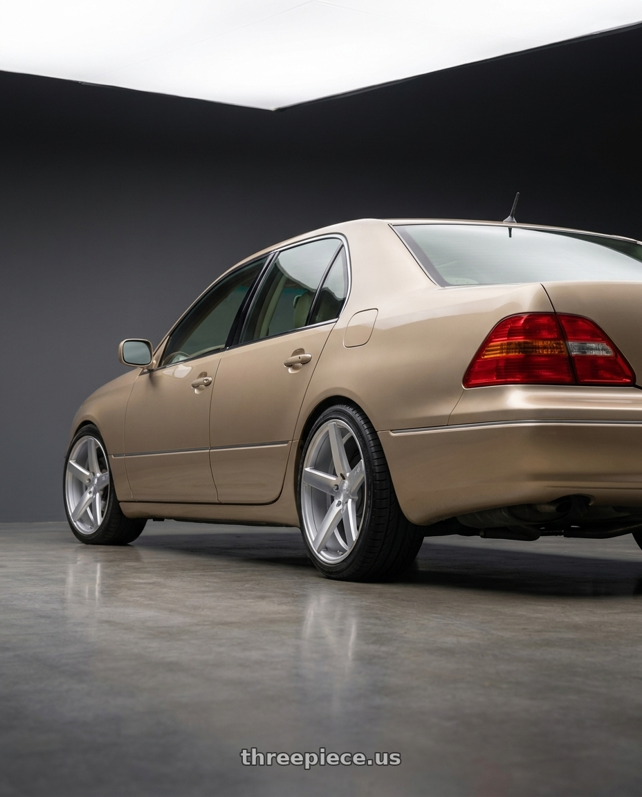 2001 Lexus LS430 Base Mystic with Niche 1PC M135 MILAN 5X114.3 19X8.5 +35 GLOSS SILVER MACHINED wheels rear three quarter view slight stretch tires