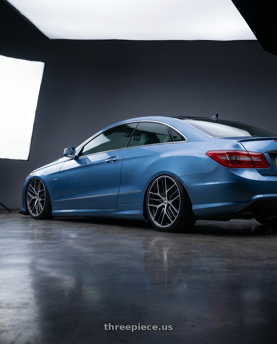 2014 Mercedes-Benz E-Class Coupe C207 with BBS CC-R 5x112 20x8.0+27 Graphite w/ Diamond Cut Face wheels rear three quarter view slight stretch tires