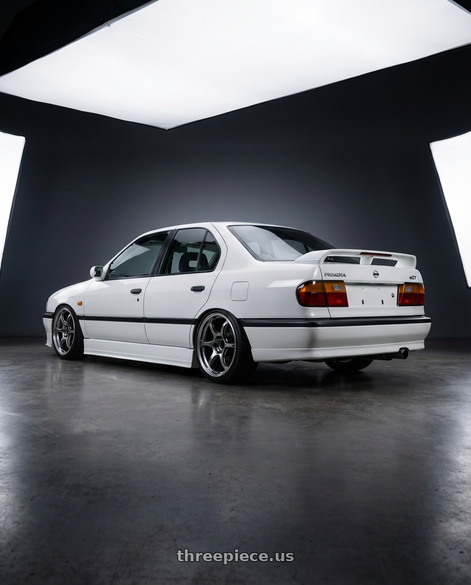 1992 Nissan Primera P10 eGT with Advan Racing RG-D2 5x100 16x7.0 +38 MACHINING & RACING HYPER BLACK wheels rear three quarter view slight stretch tires