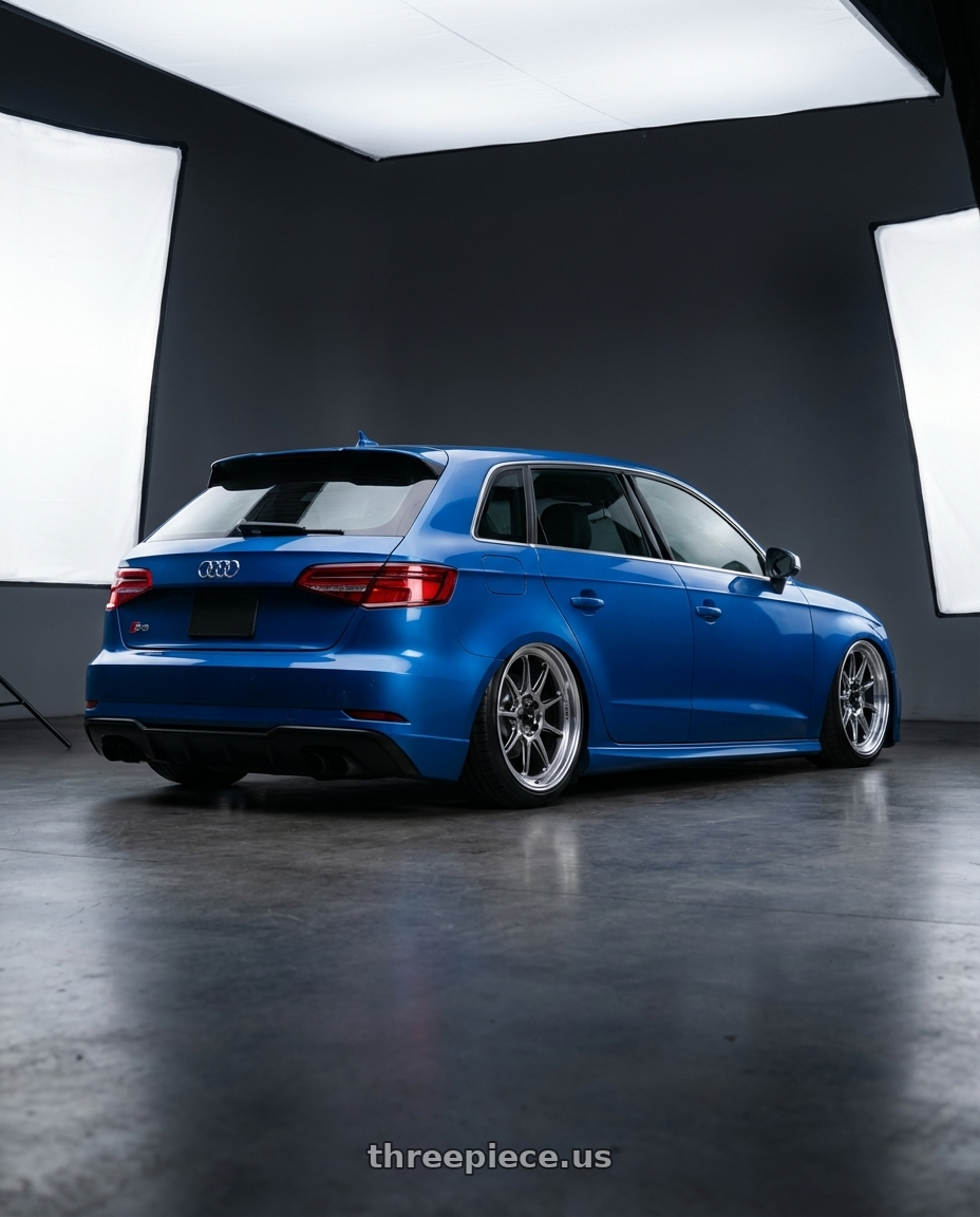2019 Audi S3 8V with Konig Countergram 5x112 19x8.5+43 Hyper Chrome / Machined Lip wheels rear three quarter view slight stretch tires