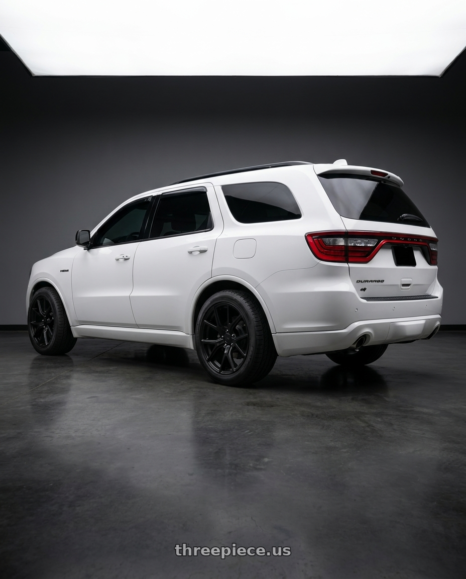 2020 dodge durango with Voxx Replica Track Hawk 5x127 20x10+50 Matte Black wheels rear three quarter view slight stretch tires