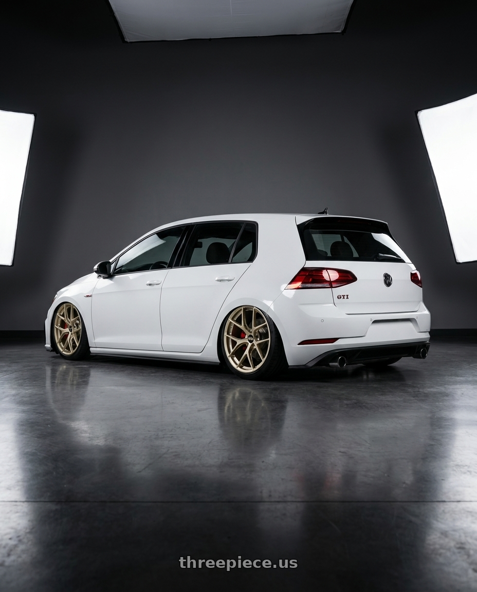 2019 Vw golf gti with BBS FI-R 5x112 19x9 +35 White Gold wheels rear three quarter view slight stretch tires