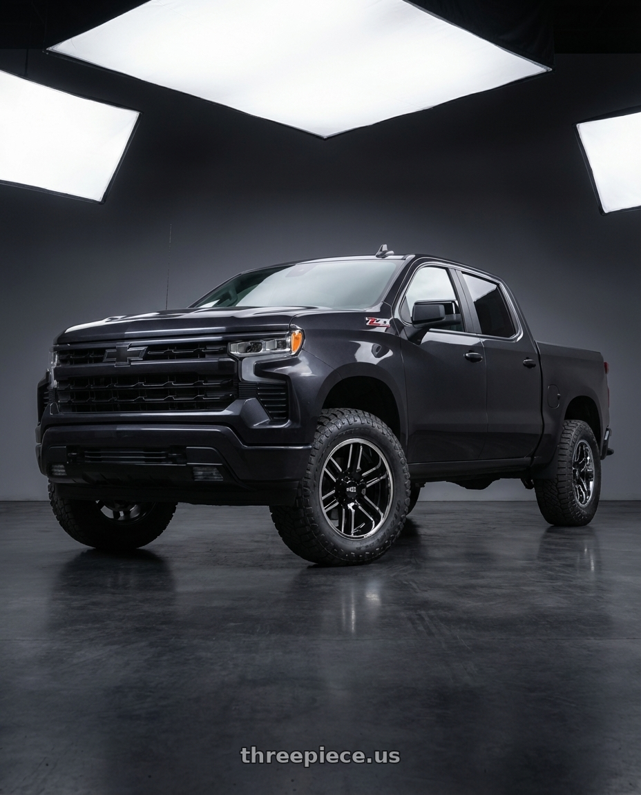 2023 Chevrolet Silverado 1500 with Moto Metal MO202 6X139.7 20X10 -18 GLOSS BLACK MACHINED CENTER CHROME LIP wheels