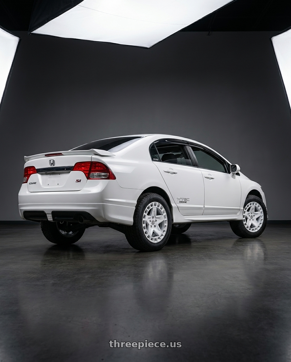 2008 Honda Civic SI with Victor Equipment ALPEN 5X130 17X8 +10 GLOSS WHITE wheels rear three quarter view meaty tires