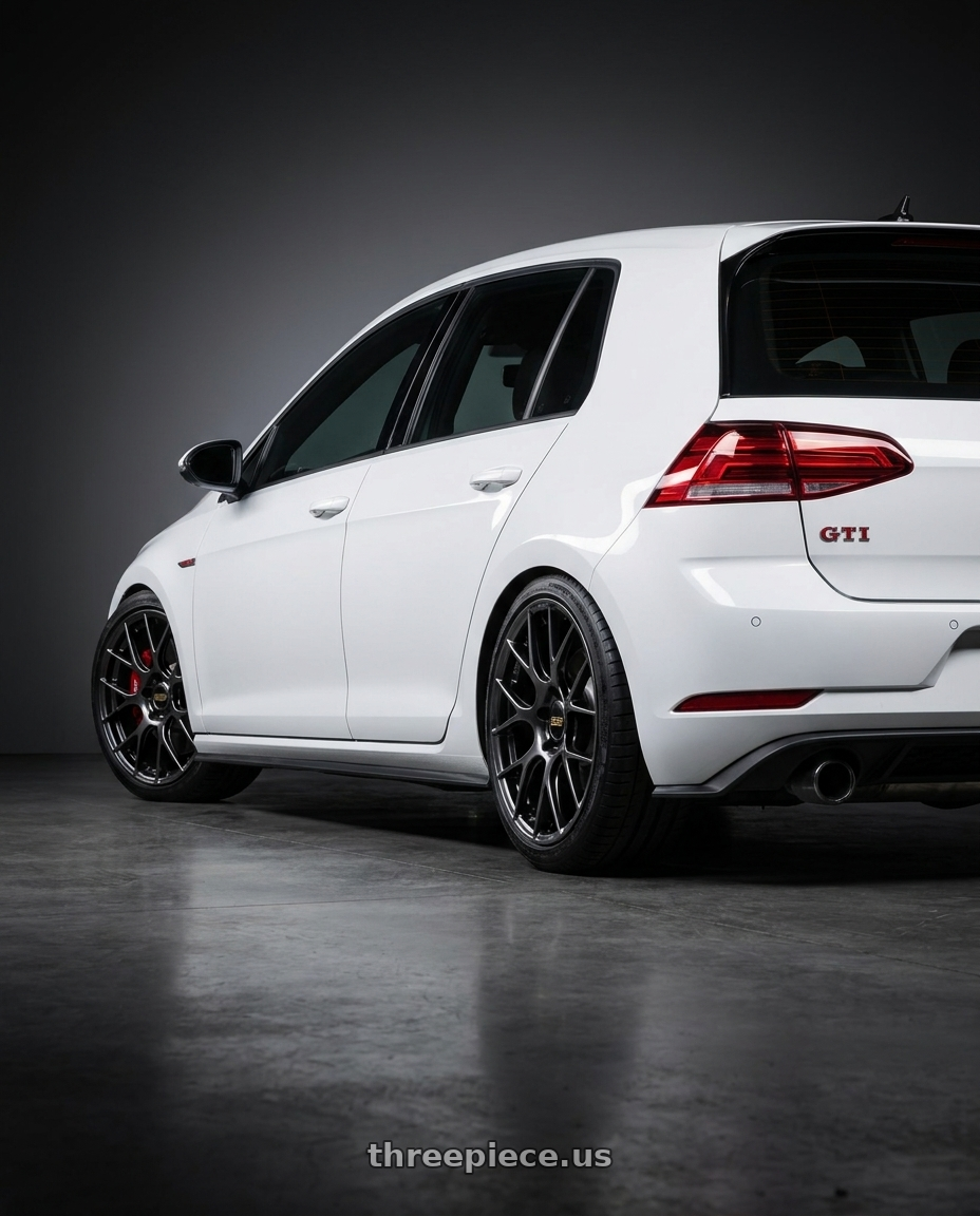 2019 VW Golf GTI Performance  with BBS RE-V7 5x112 19x8.5 +43 Diamond Black wheels rear three quarter view square tires